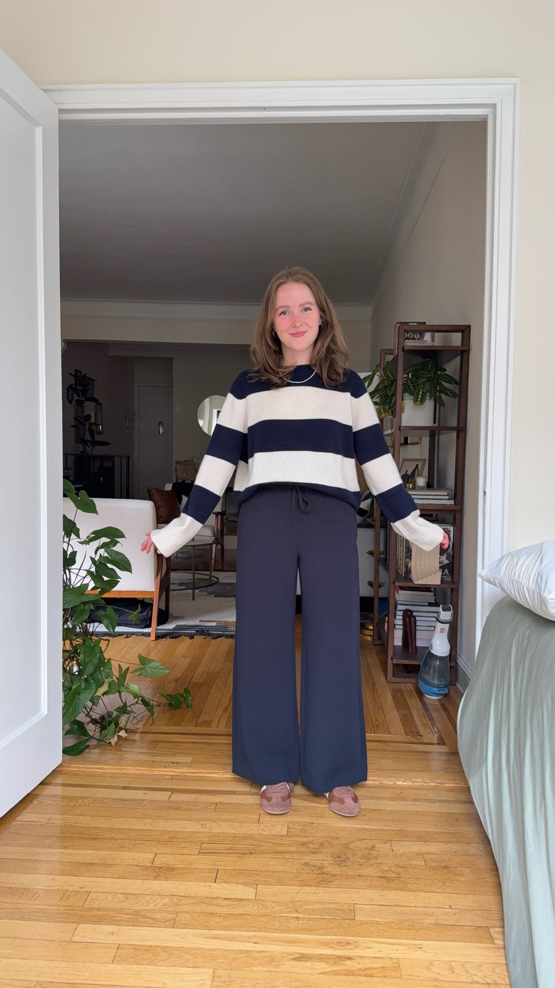 Easy spring travel outfit. Cashmere sweater xs. No wrinkle elastic waist pants. Wearing xs shirt I’m
5ft 2 117lbs @Aritzia 

#LTKSaleAlert #LTKTravel #LTKPetite