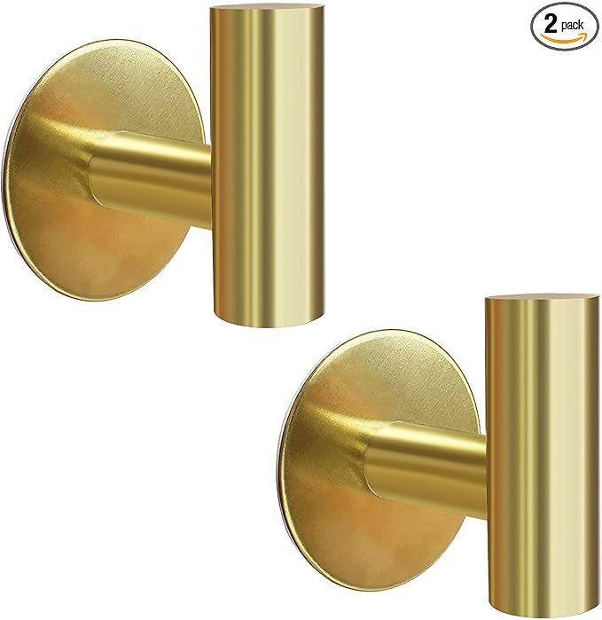 Brushed Gold Adhesive Wall Hooks 2 Packs, Heavy Duty Sticky Towel Hooks for Bathroom Kitchen Door... | Amazon (US)