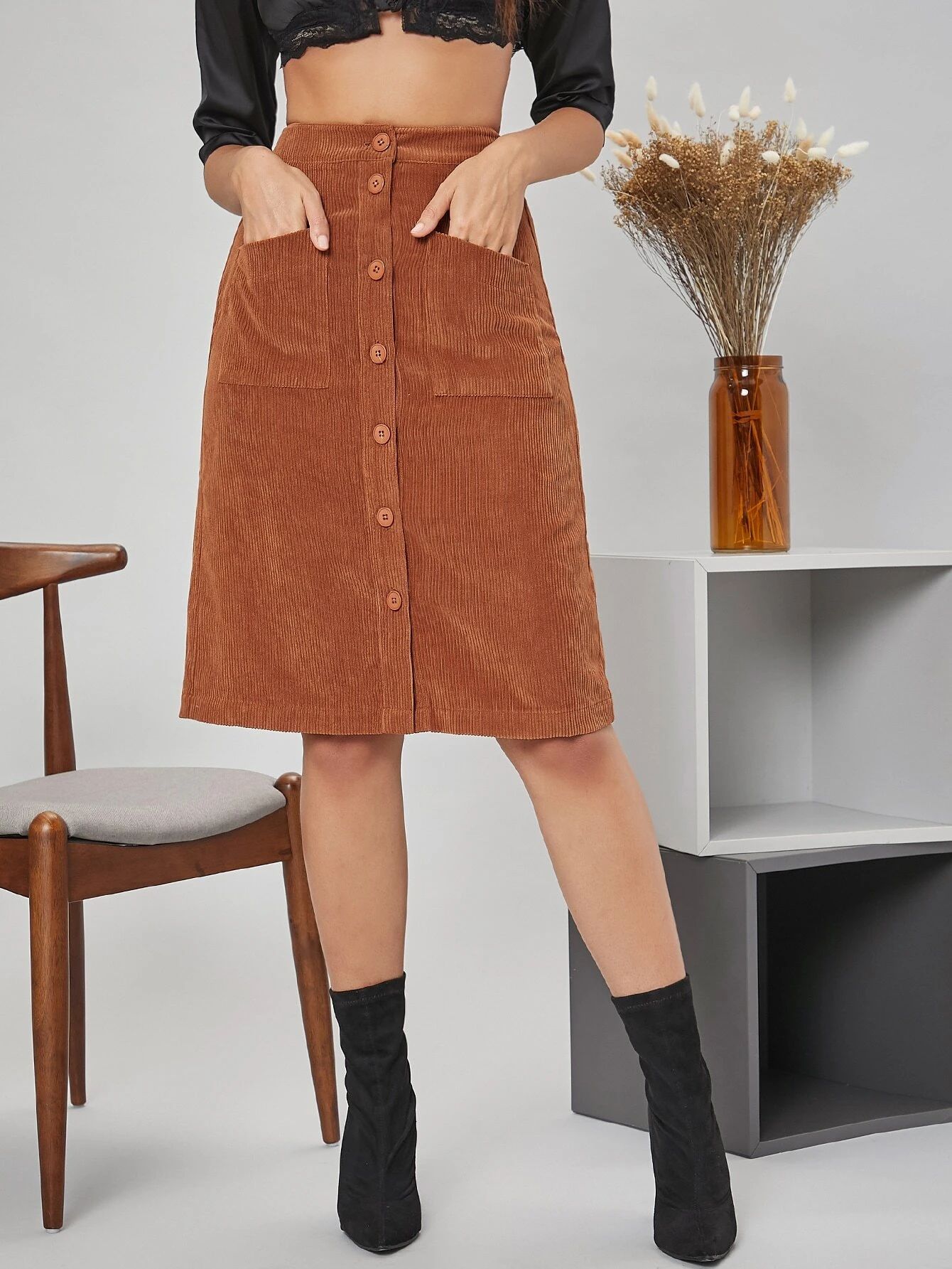 SHEIN Button Front Corduroy Skirt | SHEIN