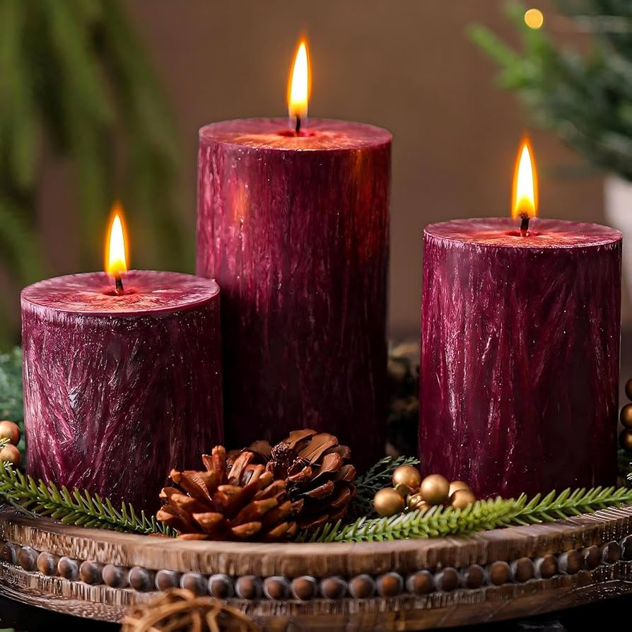MTLEE 3 Pcs Christmas Pillar Candles Unscented Burgundy Candle | Amazon (US)