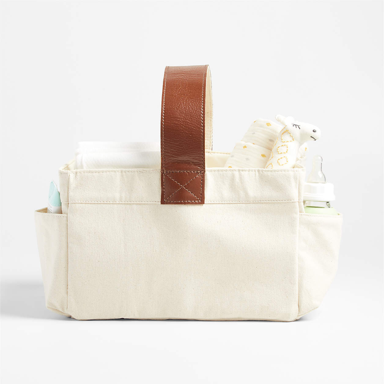 Canvas Diaper Caddy Organizer with Brown Leather Handle + Reviews | Crate & Kids | Crate & Barrel