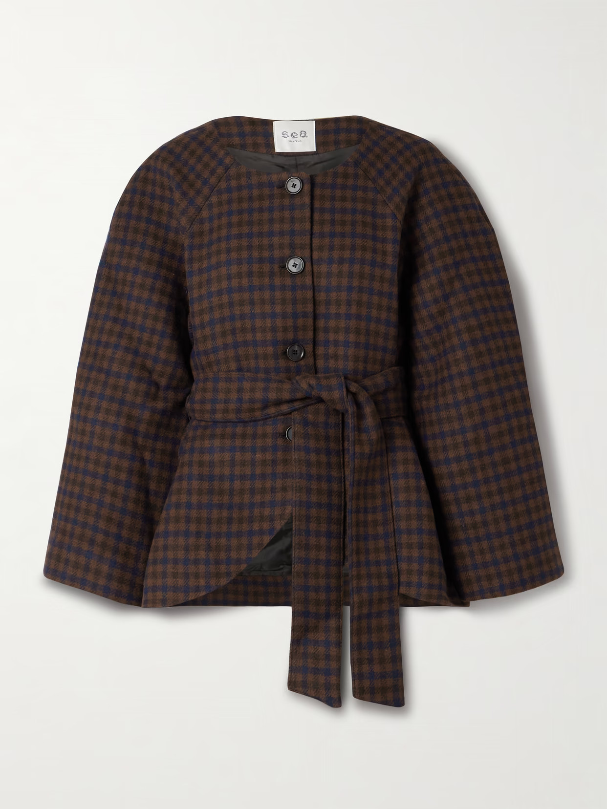 Sea - Beatrice Belted Checked Woven Jacket - Brown | NET-A-PORTER (US)