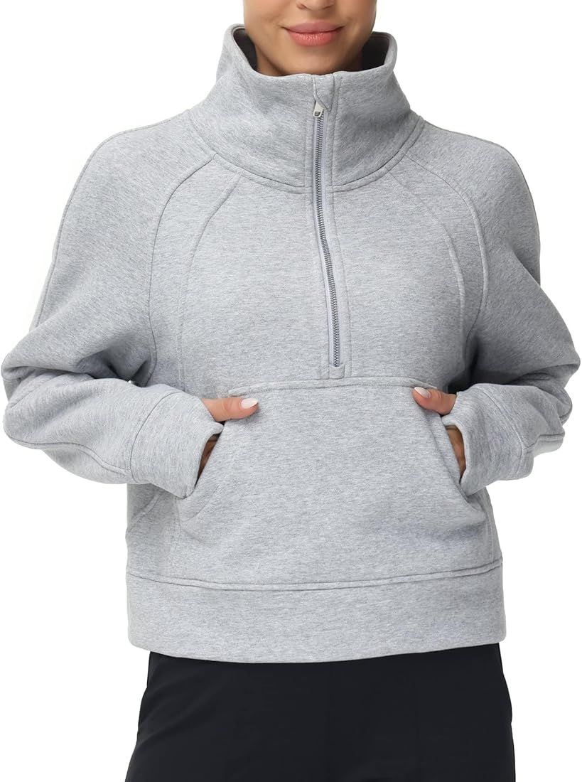 THE GYM PEOPLE Womens' Half Zip Pullover Fleece Stand Collar Crop Sweatshirt with Pockets Thumb H... | Amazon (US)