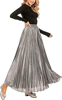 CHARTOU Women's Premium Metallic Shiny Shimmer Accordion Pleated Long Maxi Skirt | Amazon (US)