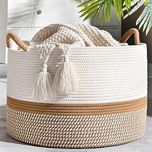 KAKAMAY Large Blanket Basket (20"x13"),Woven Baskets for storage Baby Laundry Hamper, Cotton Rope... | Amazon (US)