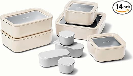 Caraway Glass Food Storage Set, 14 Pieces - Ceramic Coated Food Containers - Easy to Store, Non T... | Amazon (US)