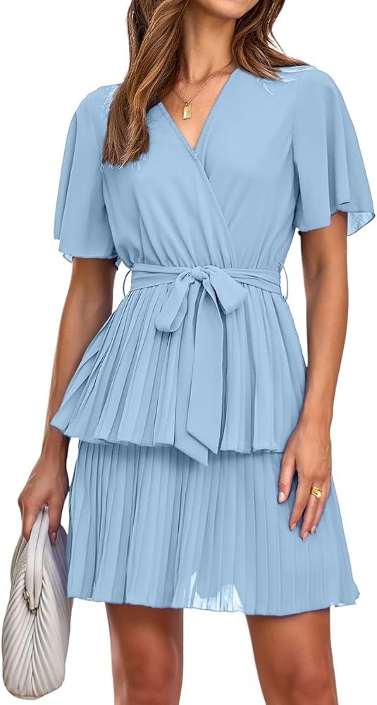 MASCOMODA Casual Summer Dresses for Women 2023 Short Sleeve Wrap V Neck Pleated Short Dress Tie W... | Amazon (US)