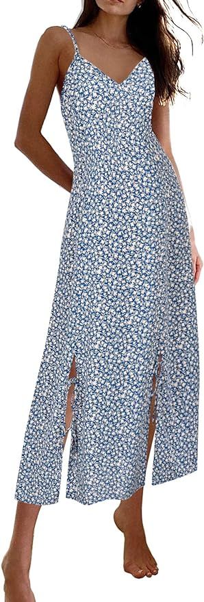 verreisen Women's Casual Slip Spaghetti Strap A-line Long Sleeveless Floral Dresses for Beach Par... | Amazon (US)