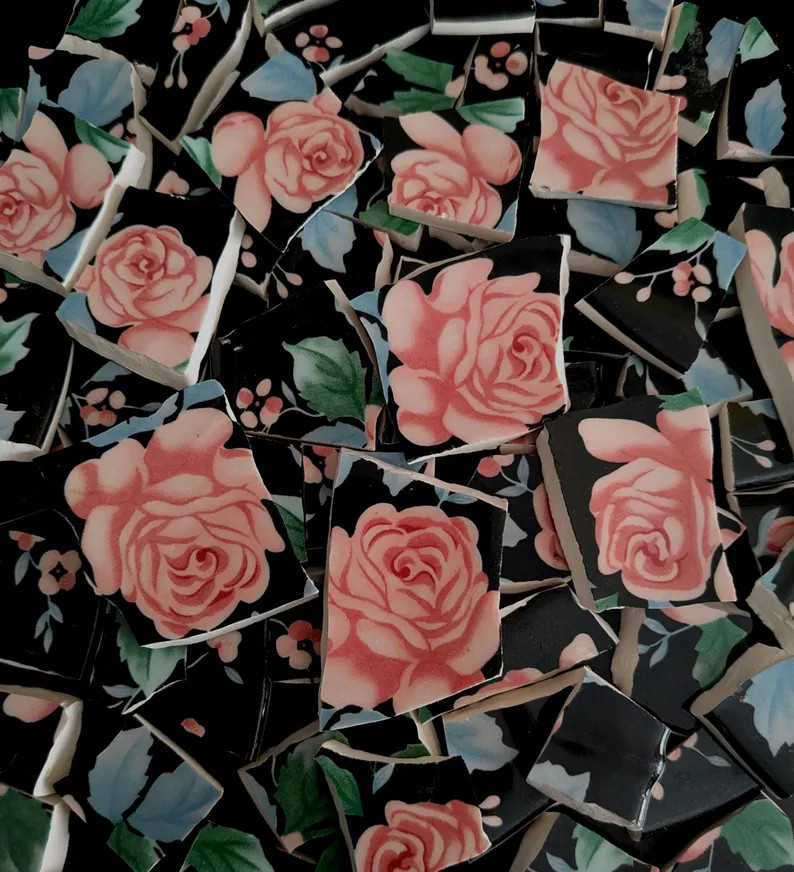 Mosaic Tiles Hand Cut Black With Pink Roses Broken Plate Pieces - Etsy | Etsy (Global)