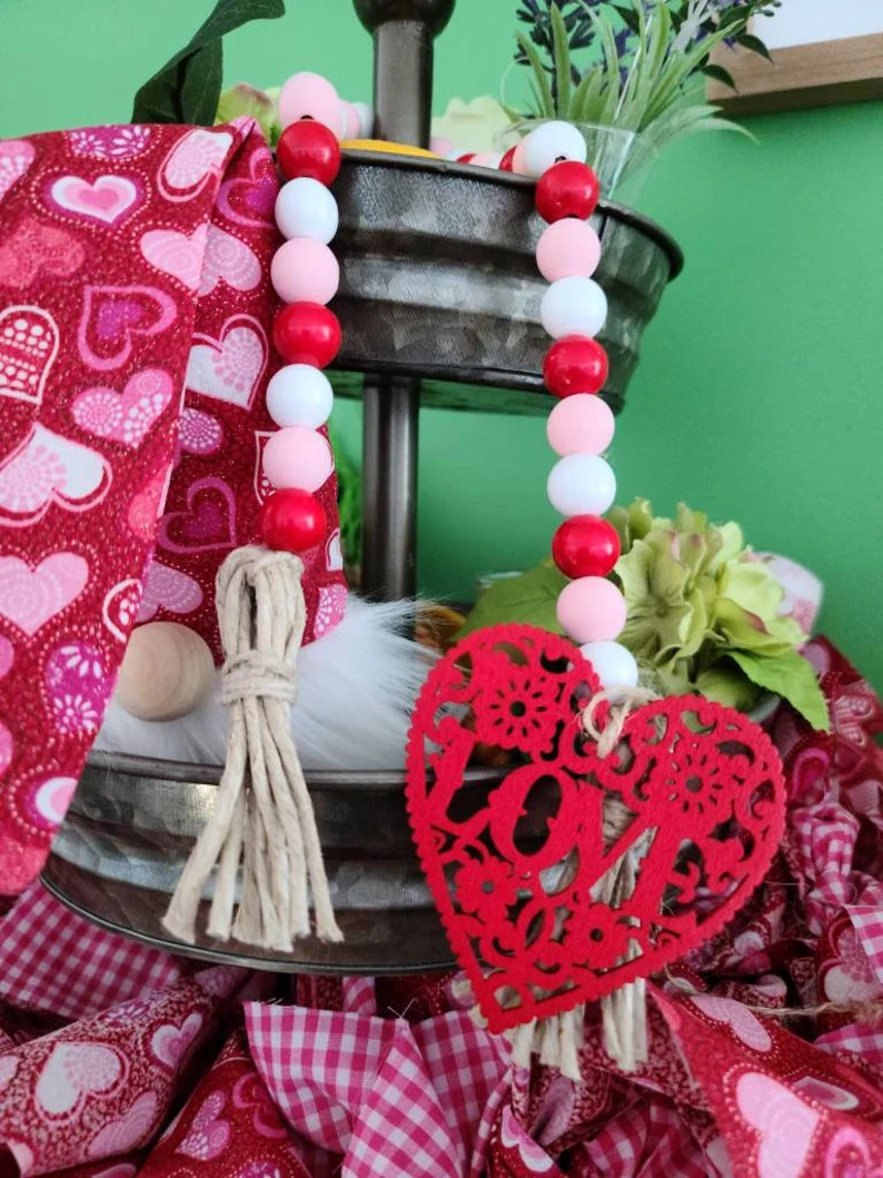 Valentines Day wooden Beaded pink heart Garland Rae Runn Decor Tiered Tray | Etsy (US)