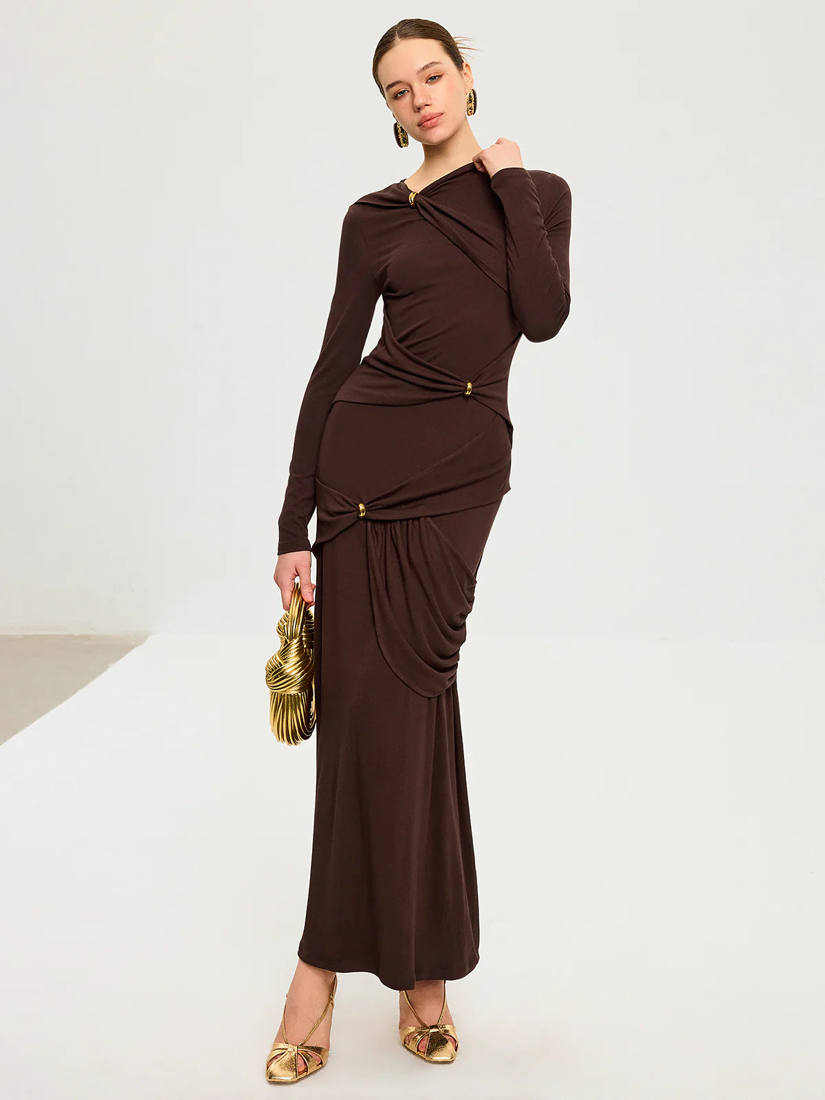 Metal Detail Long Sleeve Draped Maxi Dress | Commense