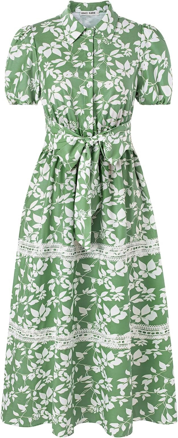 GRACE KARIN Women's 2026 Summer Floral Flowy Dresses Boho Tie Belt Short Puff Sleeve A Line Maxi ... | Amazon (US)