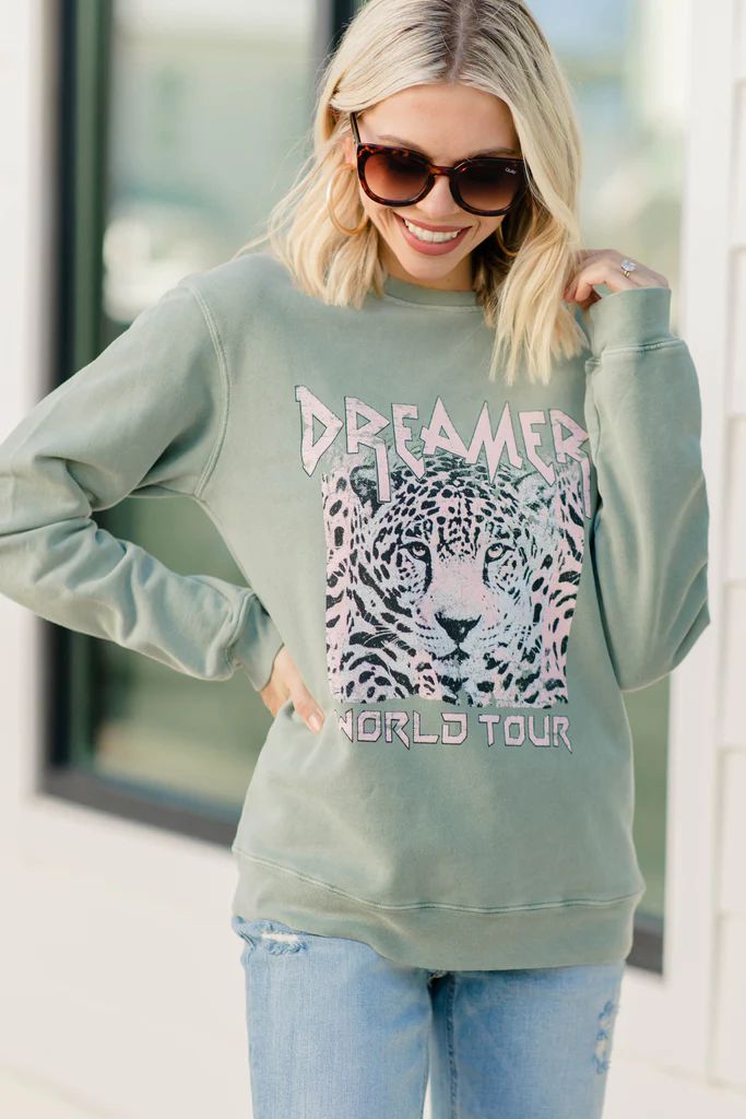 Dreamer World Tour Olive Green Graphic Sweatshirt | The Mint Julep Boutique