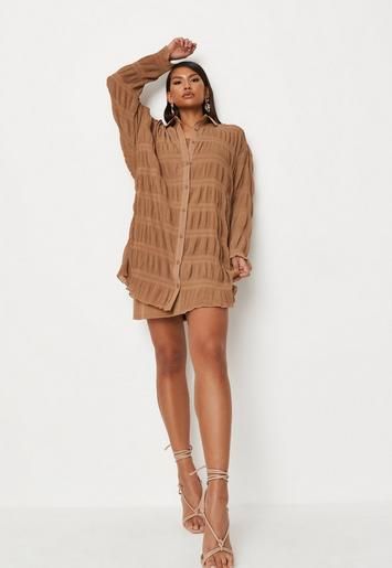 Missguided - Tall Sand Crinkle Oversized Shirt Dress | Missguided (US & CA)