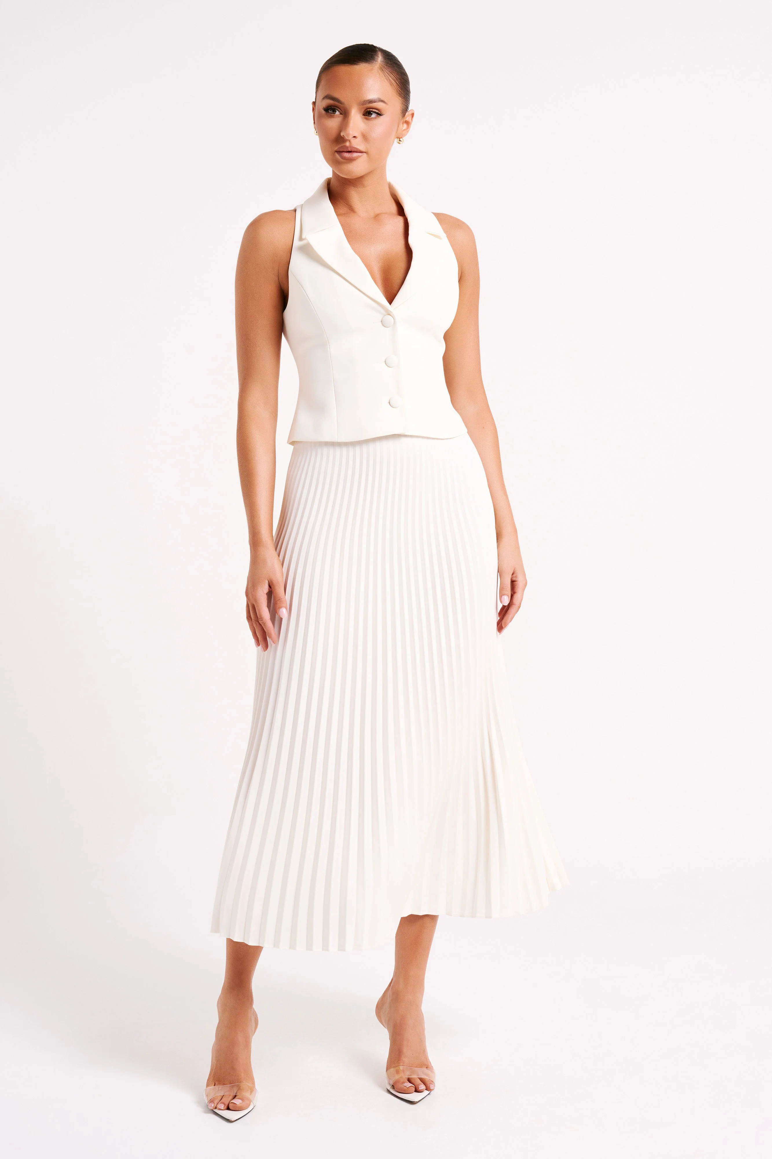Twyla Pleated Suiting Maxi Skirt - Ivory | MESHKI US