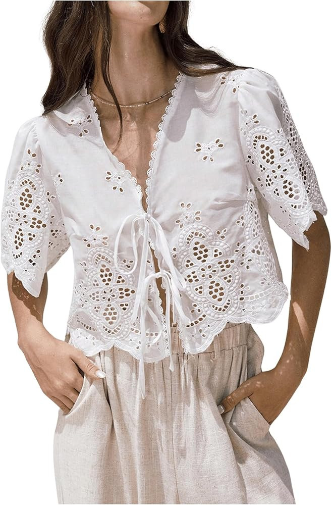 SOLY HUX Women's Hollow Tie Front Crop Tops Ruffle Short Sleeve V Neck Summer Blouse Shirts | Amazon (US)