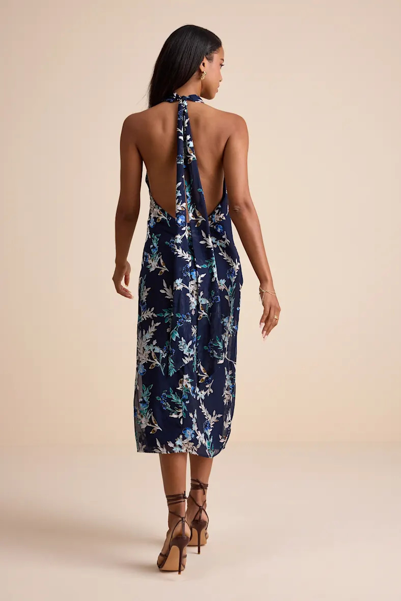 Lizbeth Navy Floral Jacquard Backless Midi Dress | Lulus