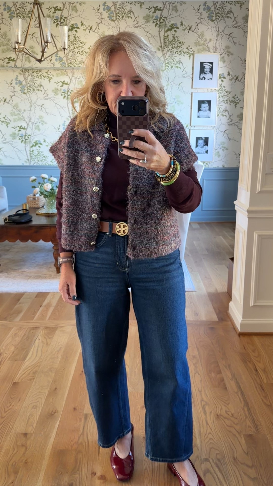 Spanx barrel jeans size medium petite size up if you’re in between there’s really nice compression on these jeans they are a full functioning, zip front and button closure
Turtleneck size medium I’ll see if there is
Sweater size medium it’s a great vest Leyer
I love these burgundy flats I wear them often
Allie & Bess new stack goes with everything! 25% off code NANETTE25

#LTKOver40 #LTKPetite #LTKootd