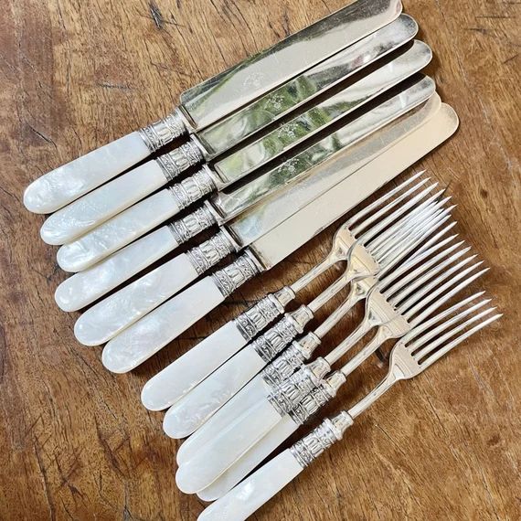 Antique Silver Knives and Forks with Mother of Pearl and Sterling Handles - Service for 6 | Etsy (US)