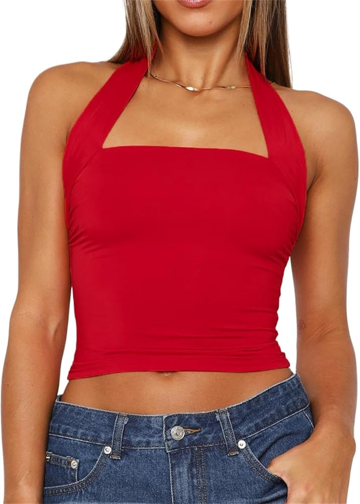 Women Sexy Halter Neck Backless Tank Top Open Back Sleeveless Slim Fit Y2k Summer Tops | Amazon (US)
