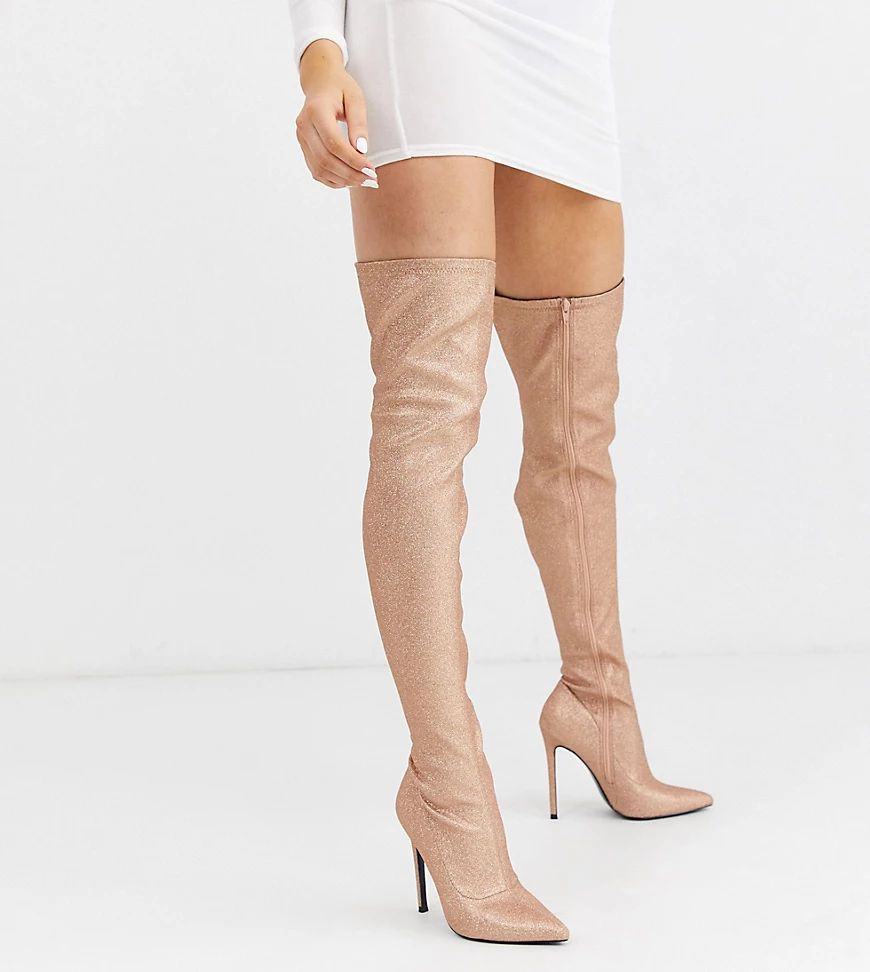 ASOS DESIGN Luxe Kendra stiletto thigh high boots in rose gold | ASOS (Global)