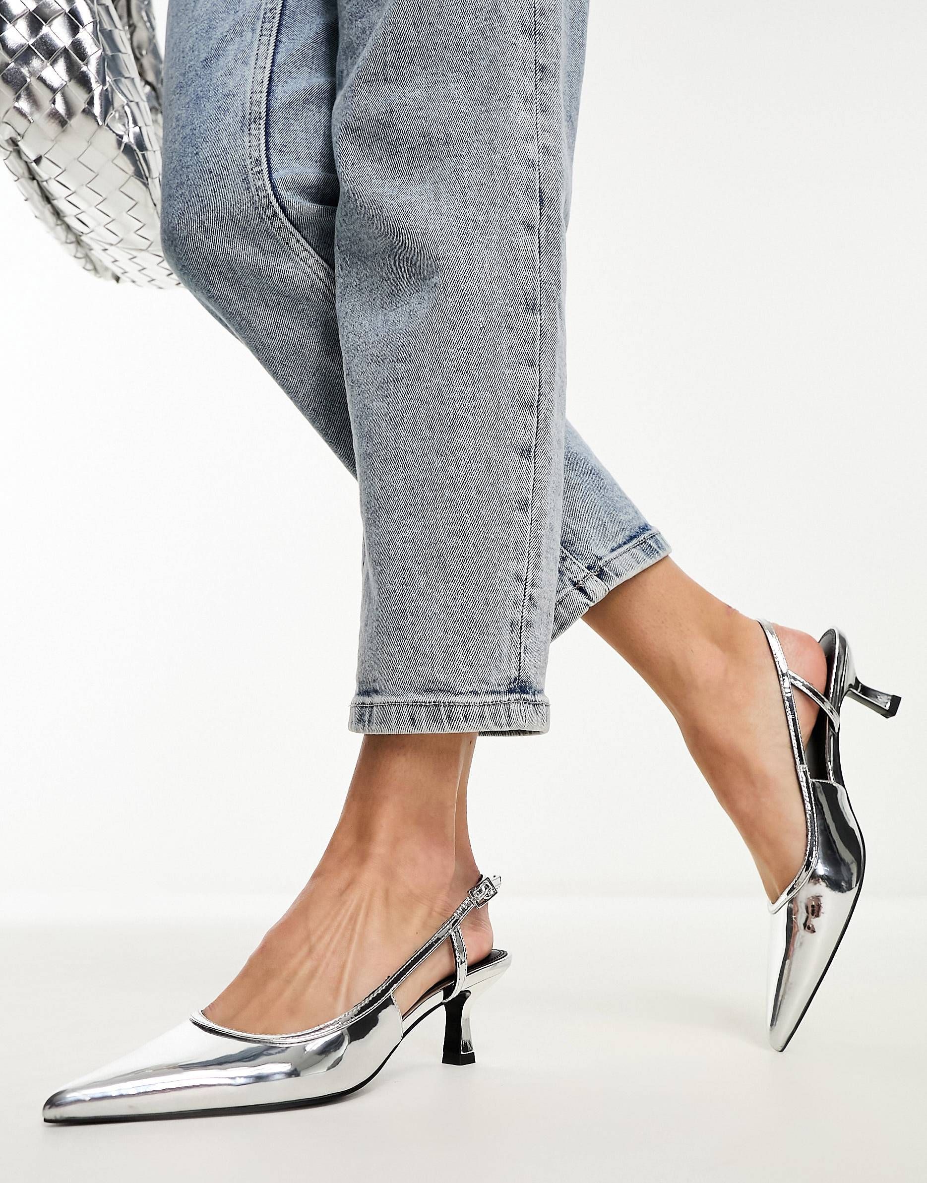 ASOS DESIGN Strut slingback mid heeled shoes in silver | ASOS (Global)