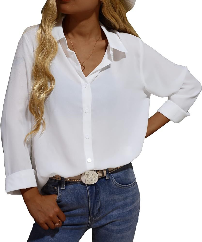 S7 Women's Casual Button-Down Chiffon Shirts - V-Neck Long Sleeve Business Office Blouses Tops | Amazon (US)