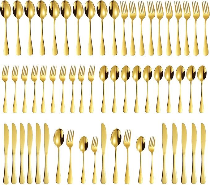 Amazon.com | Gold Silverware Set, 60 Pieces Stainless Steel Flatware Set for 12, Stain Finish Cut... | Amazon (US)