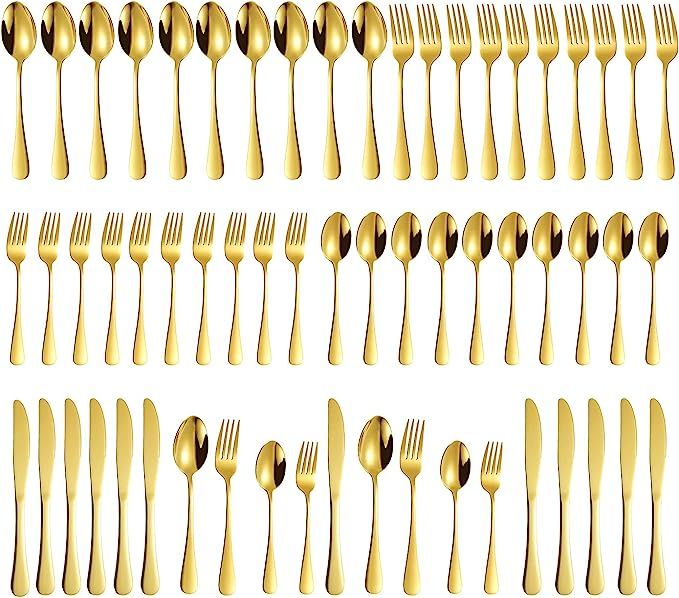 Gold Silverware Set, 60 Pieces Stainless Steel Flatware Set for 12, Stain Finish Cutlery Tablewar... | Amazon (US)