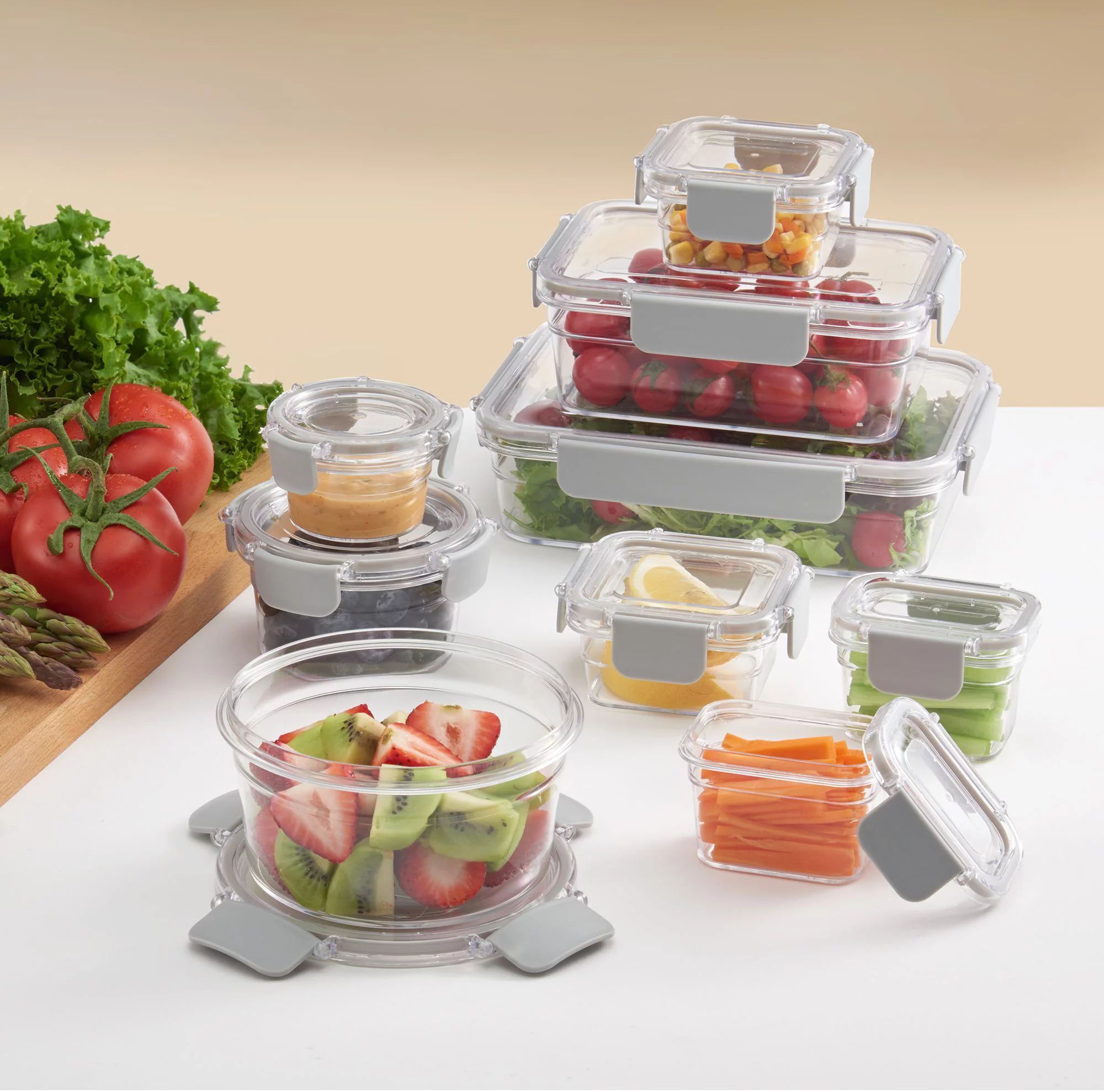 Mainstays 18 Piece Tritan Food Storage Container with Clear lid & Container, Light Grey Clasps, 9... | Walmart (US)