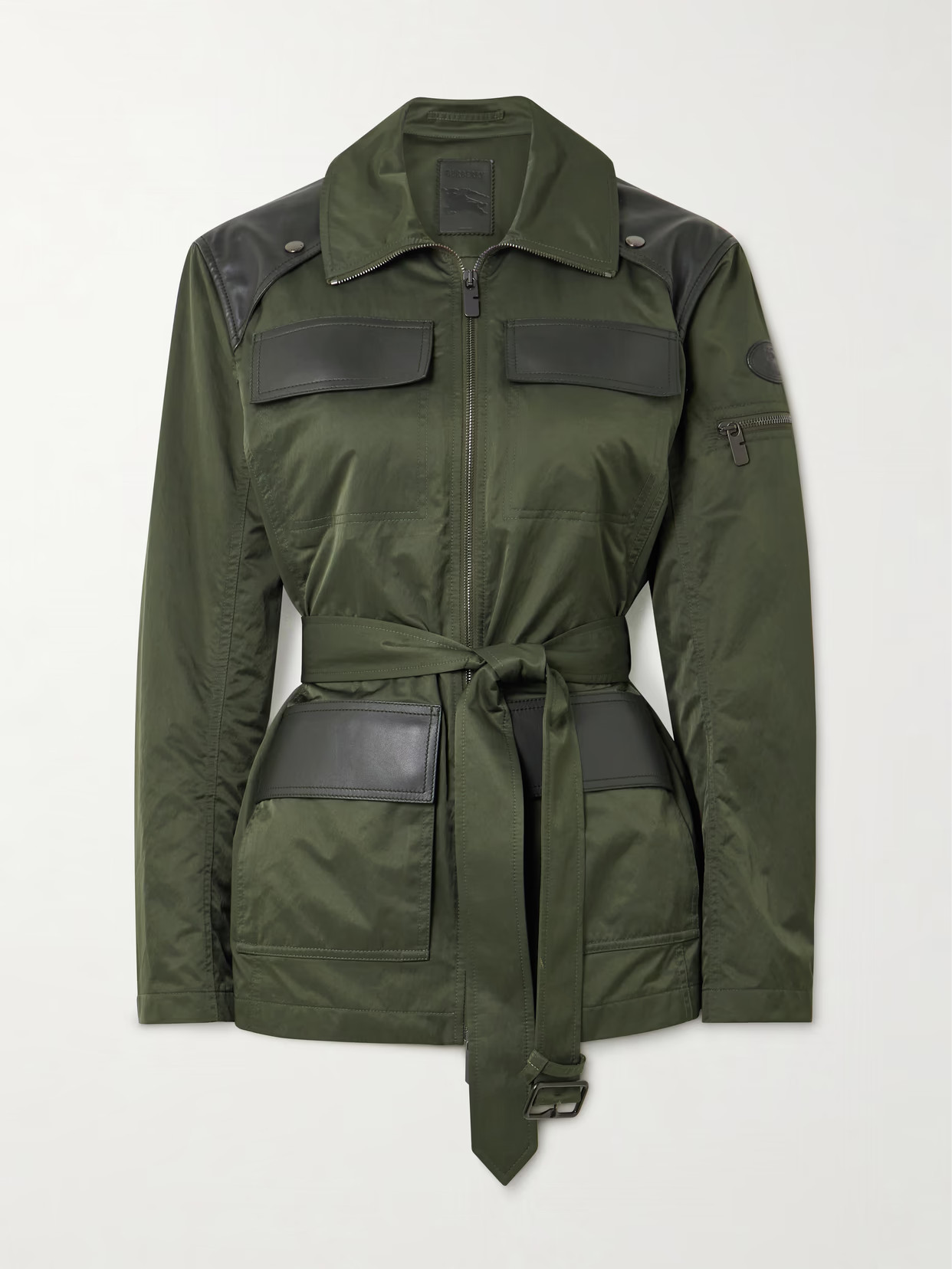 Burberry - Belted Leather-trimmed Shell Jacket - Green | NET-A-PORTER (US)