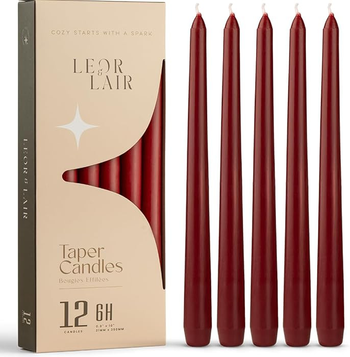 Leor & Lair Red Taper Candles for Christmas - 12 Pack 10" Dark Red Candlesticks - Unscented Long ... | Amazon (US)