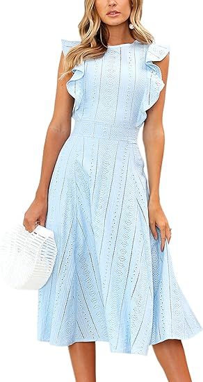 ECOWISH Womens Dresses Elegant Ruffles Cap Sleeves Summer A-Line Midi Dress | Amazon (US)