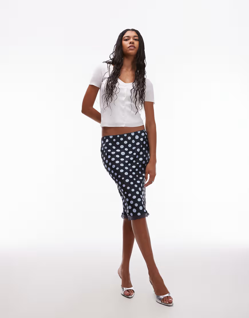 ASOS DESIGN satin lace trim bias midi skirt in polka dot-Multi | ASOS (Global)