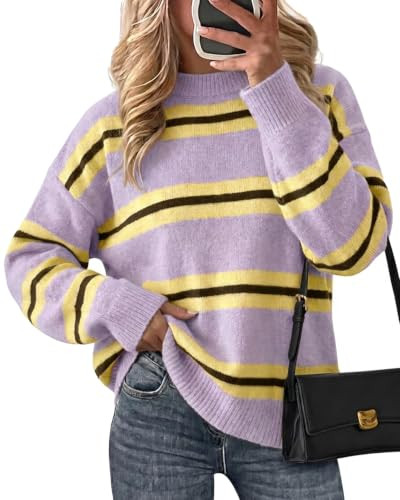 Cicy Bell Womens Striped Pullover Sweater Color Block Casual Loose Knit Top | Amazon (US)