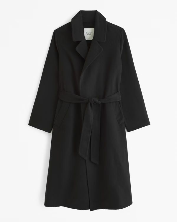 Women's Double-Cloth Belted Wool-Blend Coat | Black Wool Coat | Abercrombie & Fitch (US)