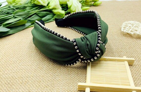 Green satin knotted headband with metal beads chain edge,stylish fashion hairband,Headbands for w... | Etsy (US)