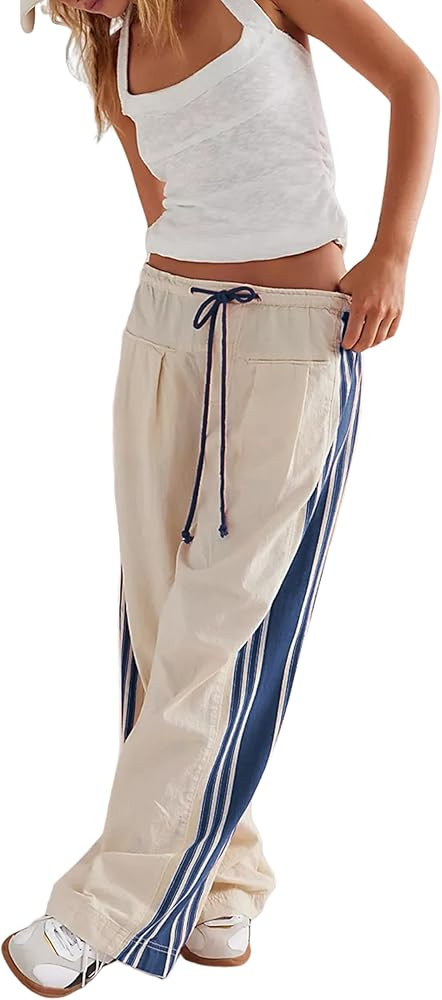 Hongsui Women's Wide Leg Pants Drawstring High Rise Side Striped Slouchy Palazzo Pants with Pocke... | Amazon (US)