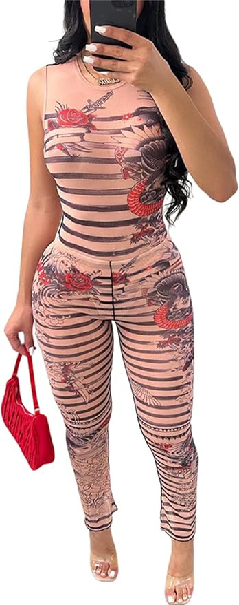 CALEBGAR 2 Piece Outfits for Women Sexy Sheer Mesh Print Tank Bodysuit Top Flare Pants Sets Bodyc... | Amazon (US)