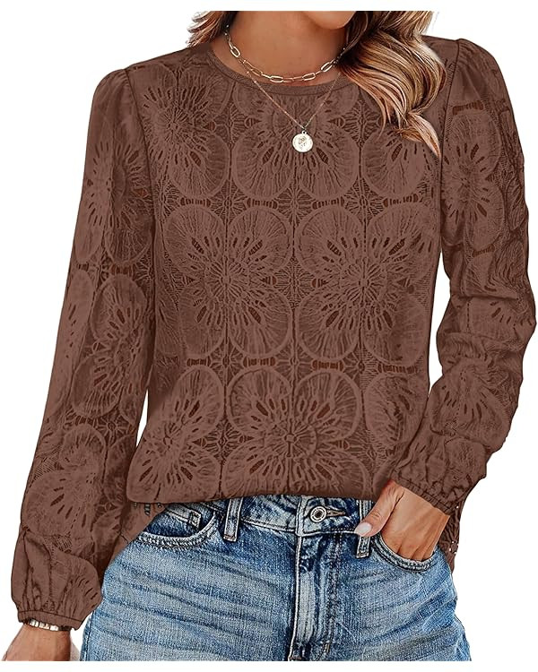 OFEEFAN Blouses for Women Dressy Casual Fall Fashion Long Sleeve Shirts Flower Lace Tops Trendy S... | Amazon (US)