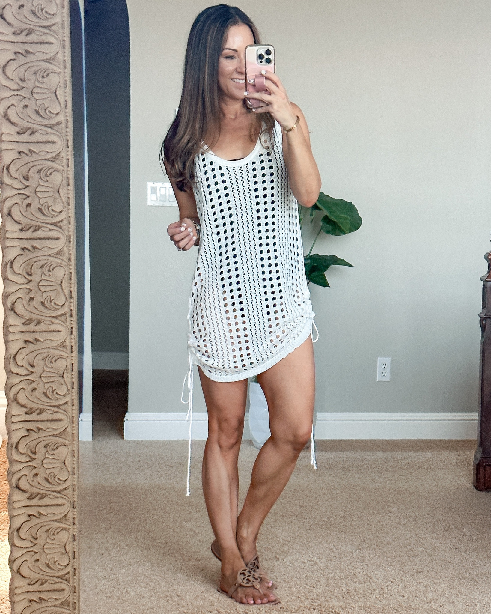 Crochet knit tank dress cover up from Amazon. Adjustable length tie sides. Size small in white. 
#swimcoverup #coverup

#LTKunder50 #LTKstyletip #LTKswim