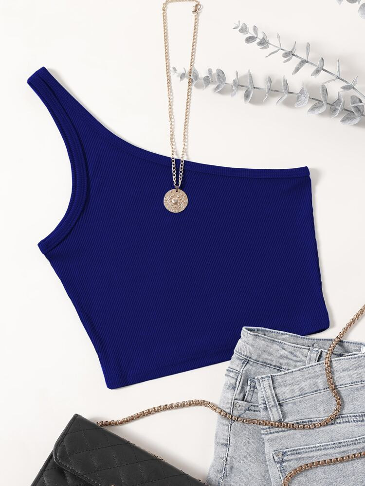 One Shoulder Rib-knit Crop Top | SHEIN