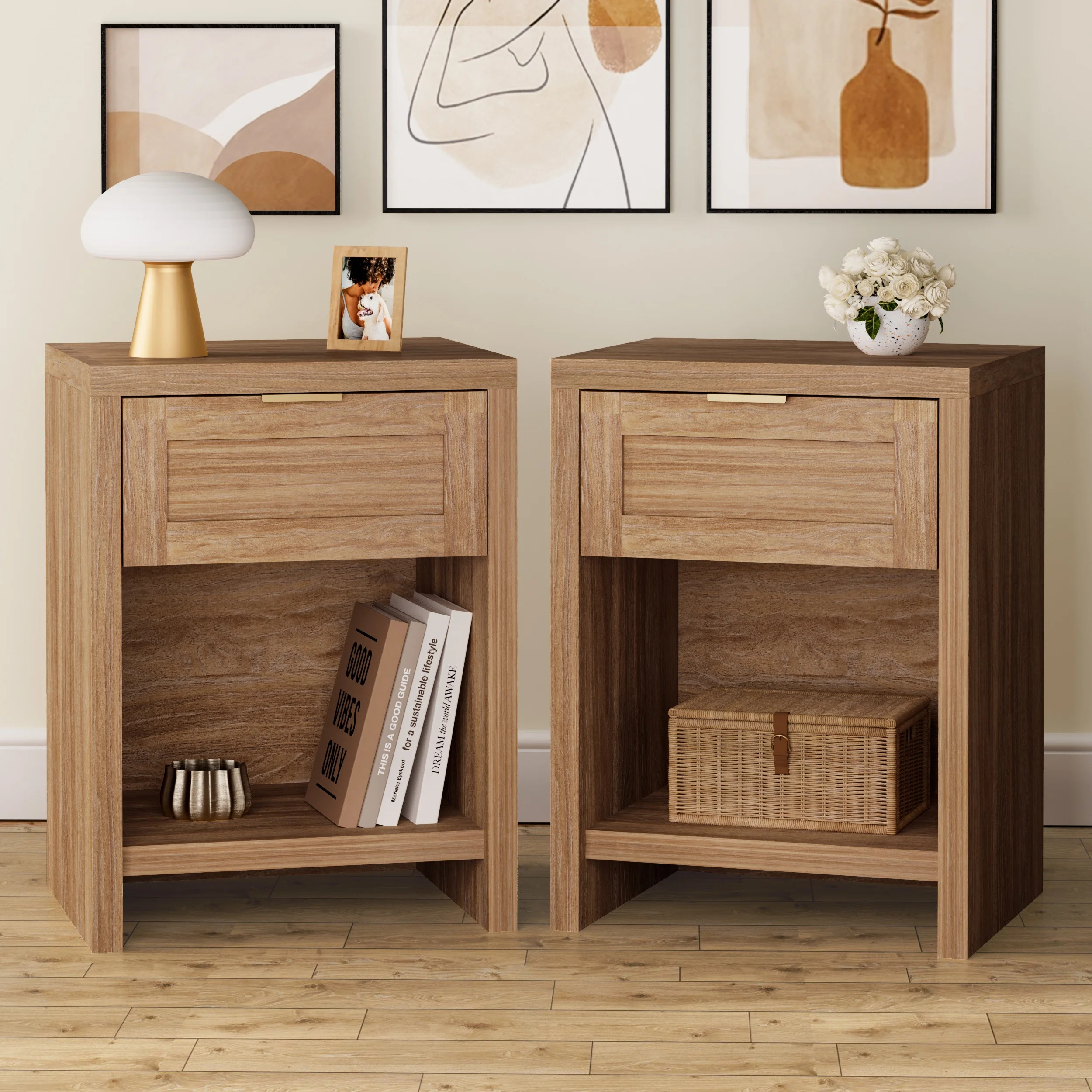 ARKANTOS Nightstand with Drawers Farmhouse Nightstand Set of 2 Natural Oak | Walmart (US)