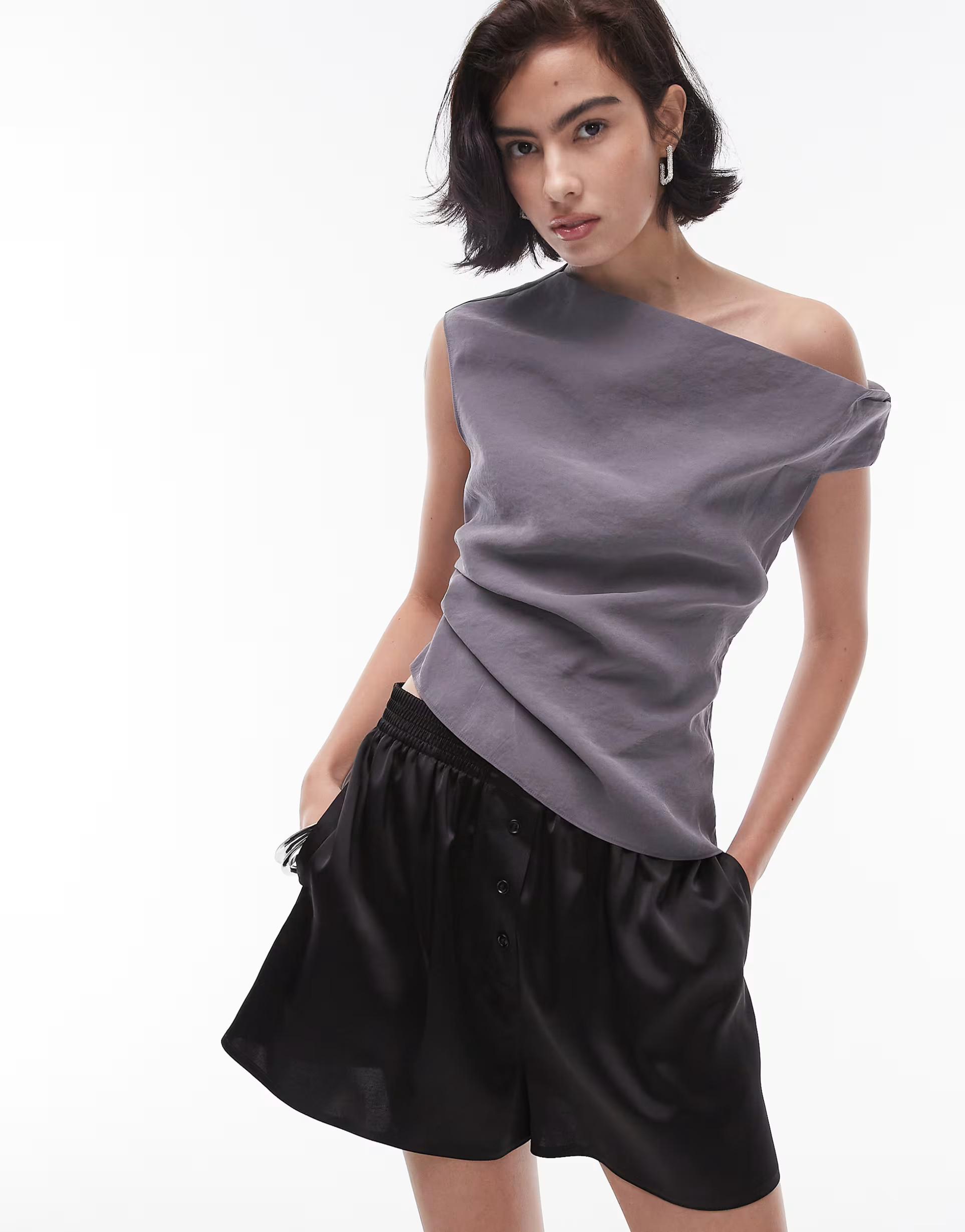 Topshop faux soft touch asymmetric top in charcoal | ASOS (Global)