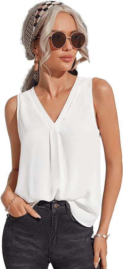 Milumia Women's Elegant Sleeveless V Neck Work Office Pleated Tank Top Shirt | Amazon (US)