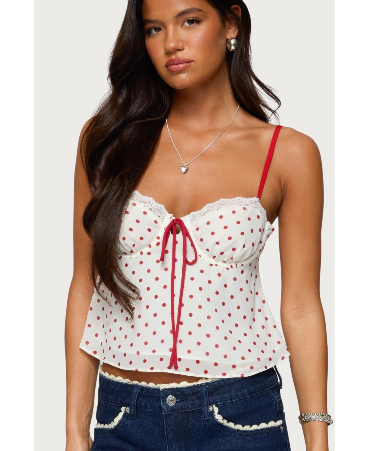 Edikted Women's Contrast Polka Dot Cupped Chiffon Top - Cream-and-red | Macy's