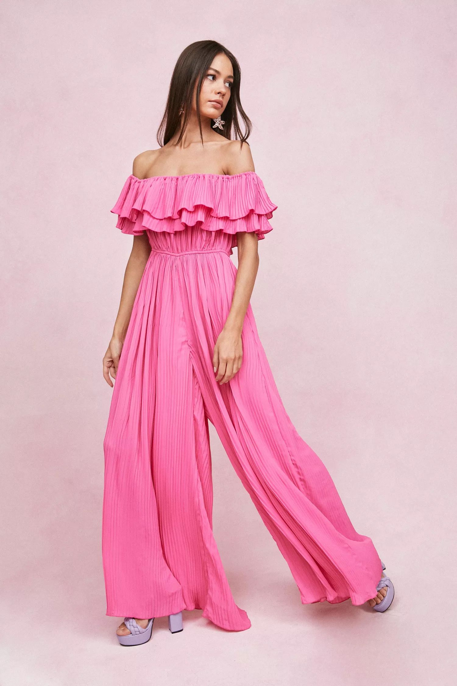 Pleated Off the Shoulder Wide Leg Jumpsuit | Nasty Gal (US)