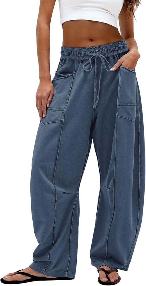 Dokuritu Barrel Sweatpants Women Casual Drawstring Elastic Waist Wide Leg Sweatpant with Pockets ... | Amazon (US)