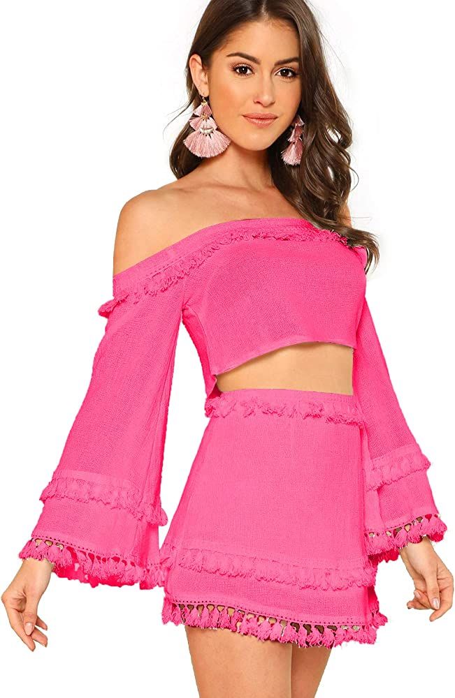 SheIn Women's 2 Piece Outfit Fringe Trim Bell Sleeve Crop Top Skirt Set Large Hot Pink at Amazon ... | Amazon (US)