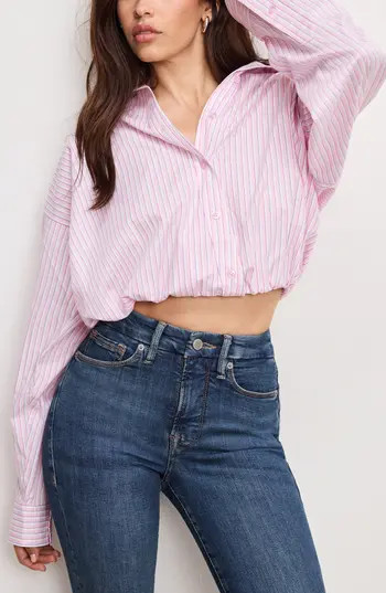 Good American Bubble Hem Crop Poplin Button-Up Shirt in Candy Stripe001 at Nordstrom Rack, Size Large | Nordstrom Rack